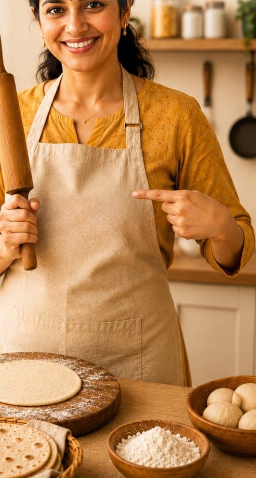 A home chef pressing a fresh roti on a tawa in her kitchen