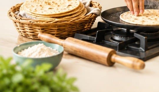 A basket of freshly made rotis beside a rolling pin