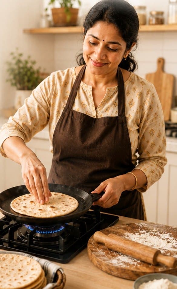 A home chef pressing a fresh roti on a tawa in her kitchen