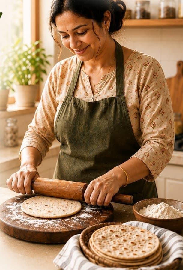 A home chef rolling out roti dough on a wooden board
